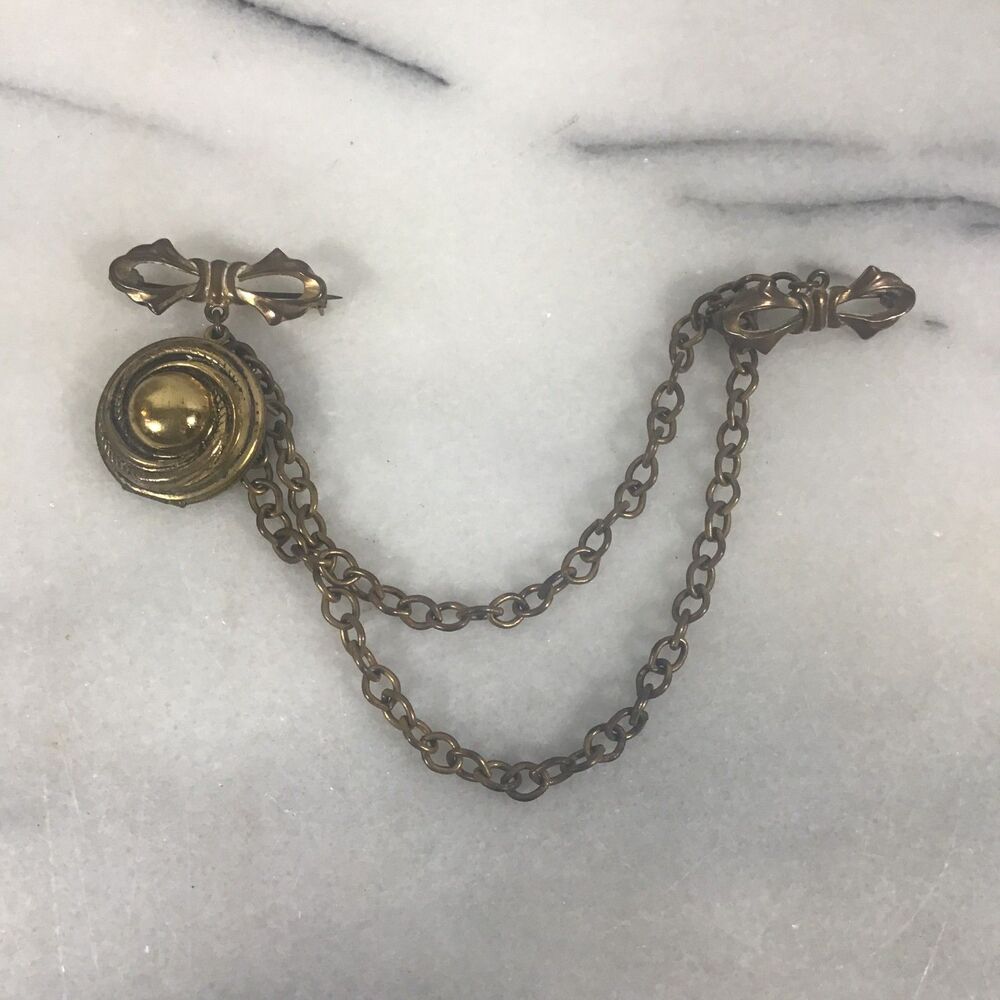 Vintage Victorian Revival Locket Chatelaine Brooch Double Pin Swag Sweater Guard